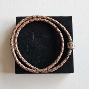 Pandora Double Wrap Tan Leather Bracelet – 15" – Sterling Silver Clasp